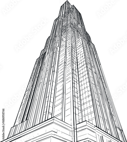 Black and white line art drawing of a modern skyscraper building viewed from the ground looking up