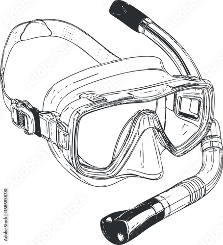 Black and white sketch of a snorkel mask and breathing tube for underwater swimming and diving activities