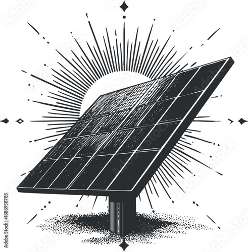 Black and white illustration of a solar panel with sunburst rays symbolizing renewable solar energy