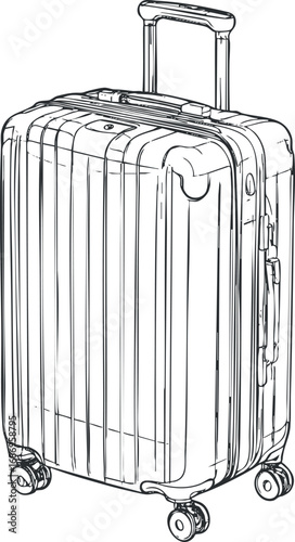 Black and white line drawing of a hard shell suitcase with wheels and an extendable handle for travel