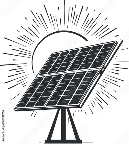 Illustration of a solar panel with sun rays symbolizing renewable solar energy and clean power technology