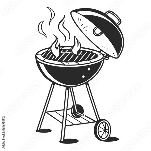 Monochrome Illustration of a Classic Charcoal Grill with Lid Open, Smoke Rising from the Coals, Ready for a Barbecue