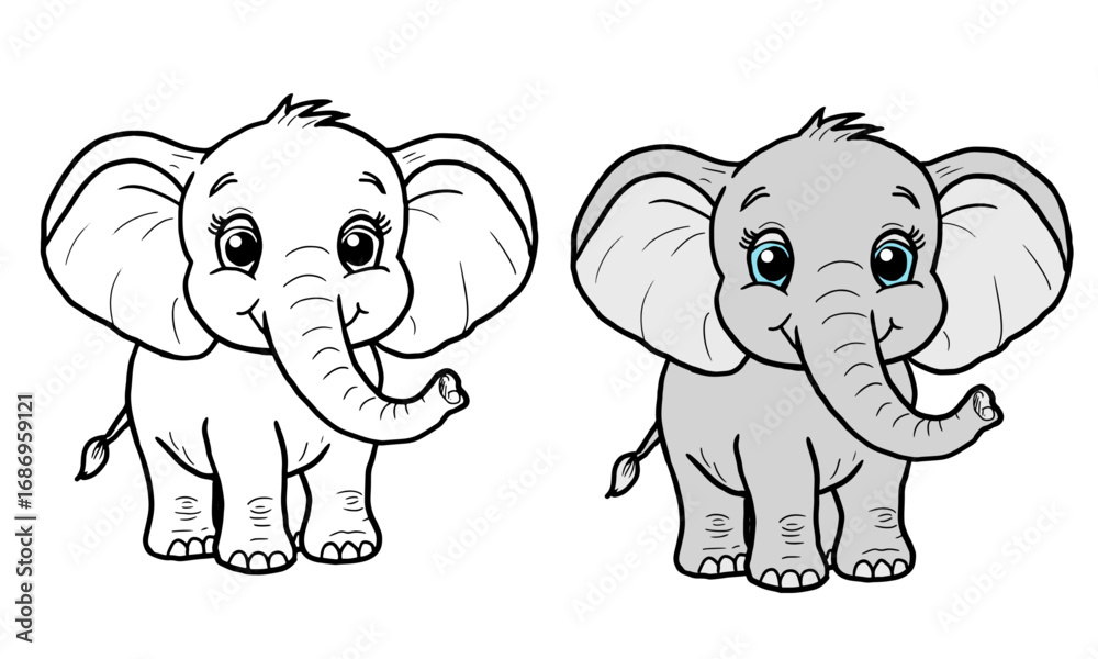 Fototapeta premium Funny baby elephant with big ears, trunk and cute eyes, simple black-and-white and color sketch. Vector illustration. Concept of a coloring book for children, drawing is isolated on a white background
