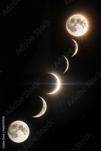 Celestial Phases of the Moon with Sunburst and Starry Background