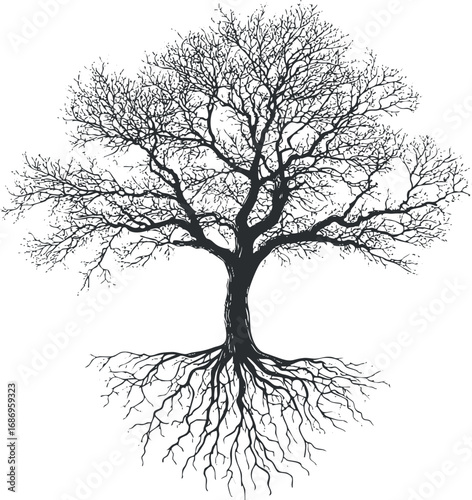 Black and white illustration of a bare tree with extensive visible root system and branches
