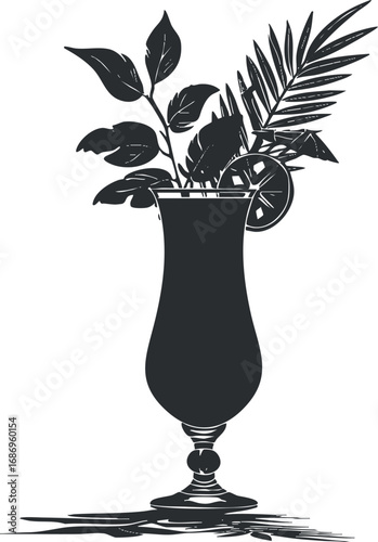 Silhouette of a tall cocktail glass decorated with tropical leaves and a citrus slice garnish