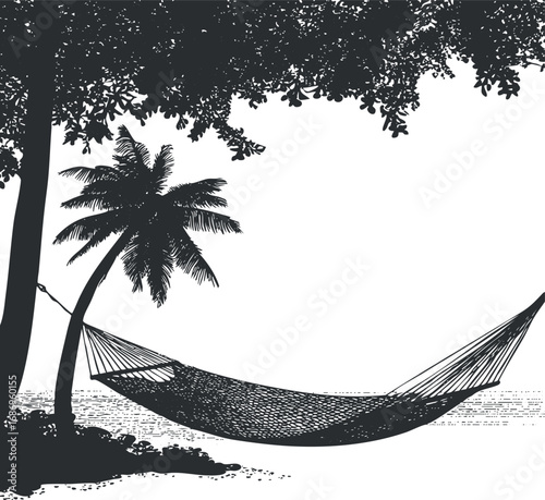 Silhouette of a hammock tied between trees on a tropical beach with palm trees and calm sea background.