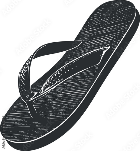 Black and white illustration of a single flip flop sandal with textured straps and sole on white background