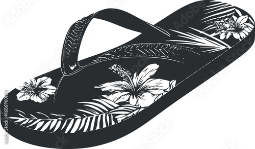Black and white illustration of a tropical floral flipflop sandal with hibiscus flowers and leaves design