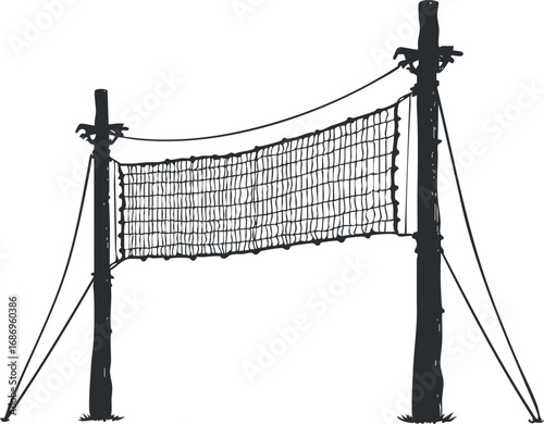 Black and white sketch of a volleyball net with two poles and supporting ropes for outdoor sports activities