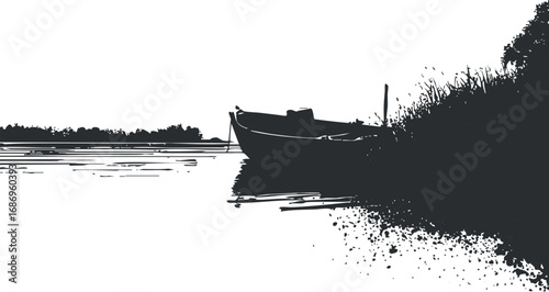 Black and white silhouette of a boat moored near grassy shore on a calm lake or river with water reflection