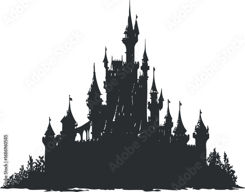 Silhouette of a large medieval fantasy castle with multiple towers and spires on a hilltop