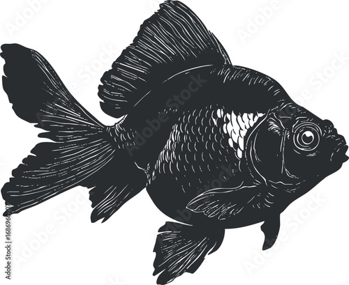 Detailed black and white illustration of a goldfish with fins and scales, side profile view