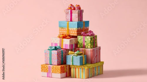 A colorful tower of stacked gift boxes, each with different wrapping patterns and ribbons, playful and joyful presentation