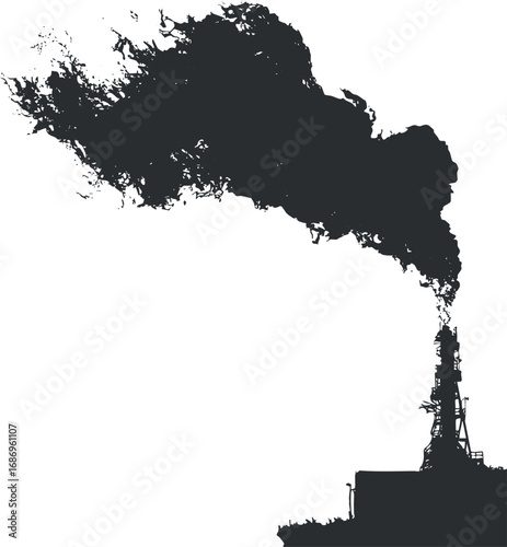 Silhouette of industrial factory chimney emitting thick black smoke causing air pollution and environmental damage.