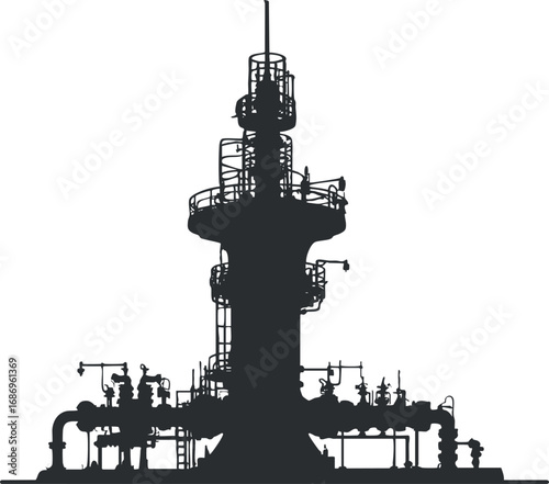 Silhouette of an industrial pipeline tower with valves and metal structures used in manufacturing and energy sectors.