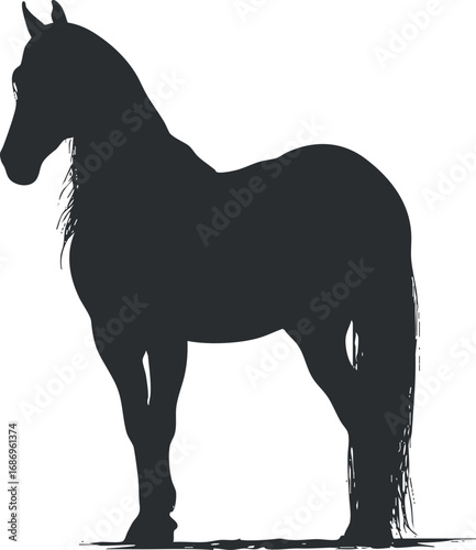 Silhouette of a standing horse in profile with mane and tail visible on a white background