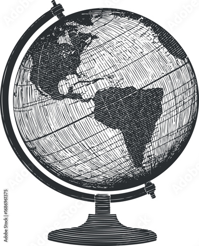 Black and white vintage style illustration of a globe showing the Americas on a stand for geography and education.