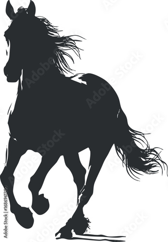 Silhouette of a running horse with flowing mane and tail isolated on white background