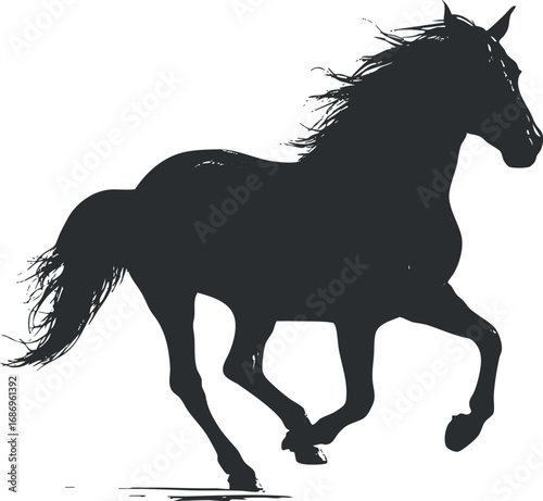 Silhouette of a galloping horse with flowing mane and tail isolated on white background