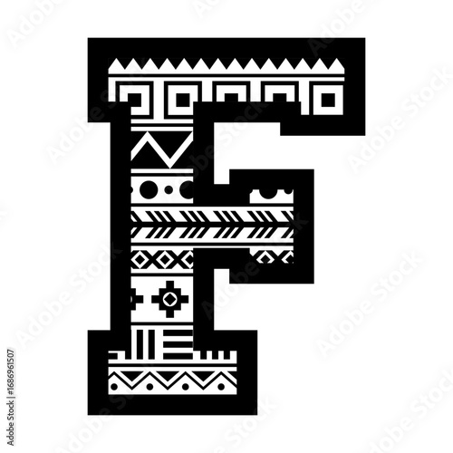 Letter F with aztec tribal ethnic motif svg cut file. Isolated vector illustration.
