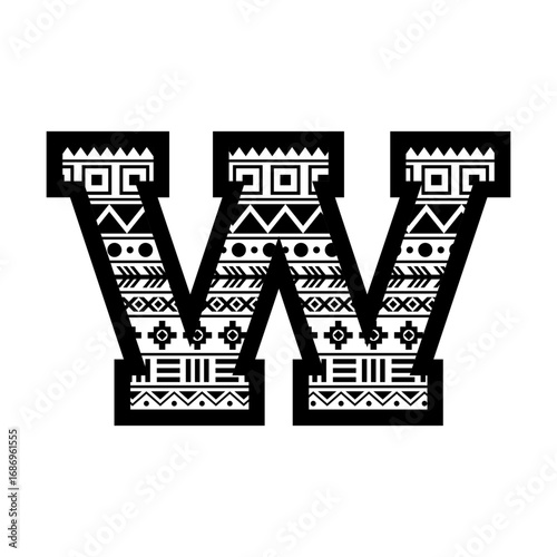 Letter W with aztec tribal ethnic motif svg cut file. Isolated vector illustration.