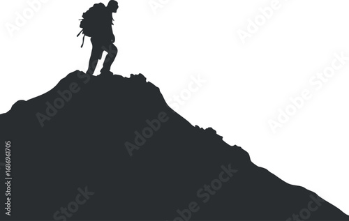 Silhouette of a hiker standing on top of a mountain peak with a backpack against a white background