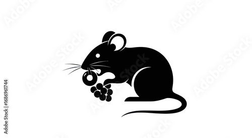 Black silhouette of a small mouse holding grapes and a ring.
