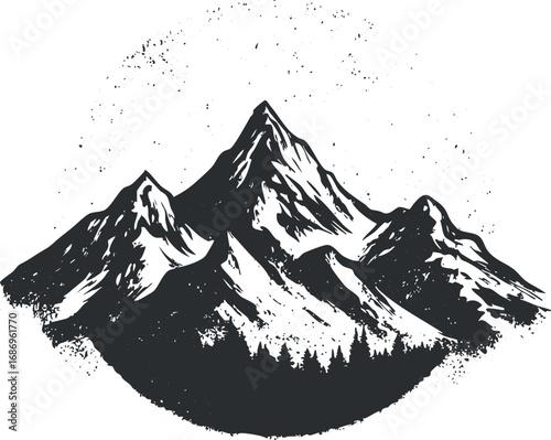 Black and white vintage style illustration of a mountain range with three peaks and forest at the base