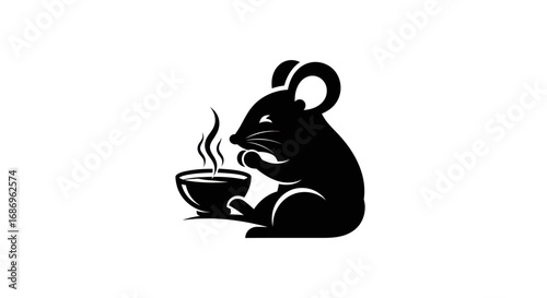 Minimalist black silhouette of a mouse with a steaming bowl.