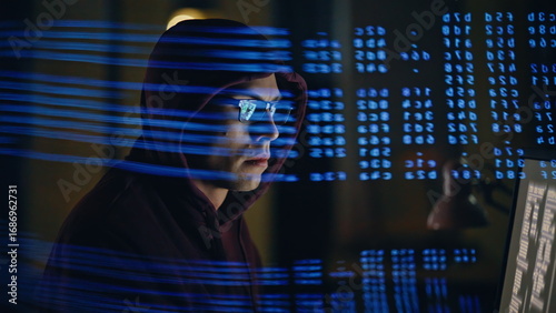 Quadro em tela Code projection hacker breaking system at night room closeup