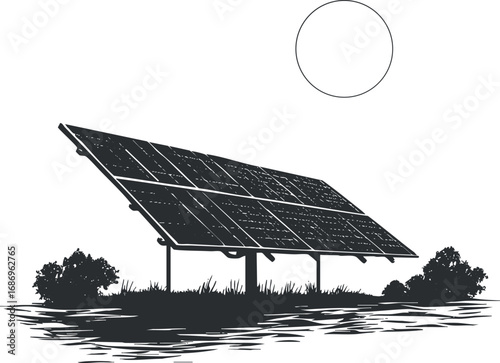 Black and white illustration of a solar panel angled towards the sun for renewable energy generation