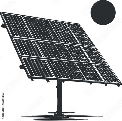 Black and white vector illustration of a solar panel on a stand capturing sunlight for renewable energy
