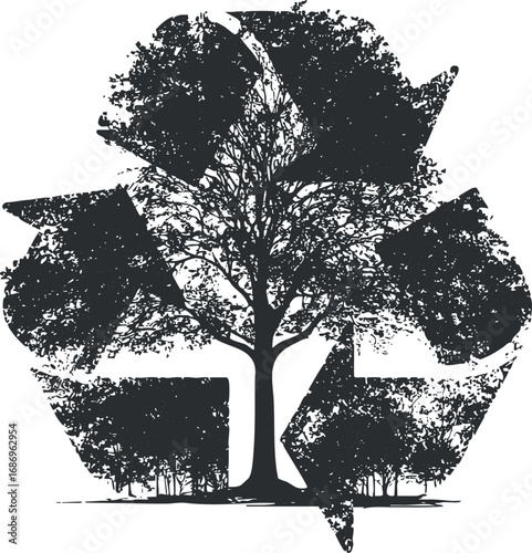 Black and white illustration of a tree inside a recycling symbol representing environmental sustainability and nature conservation