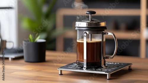 Steaming French press coffee creates a warm atmosphere in a cozy and inviting kitchen setting