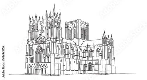 Simple one-line drawing of York Minster in York, England. One of the world's most magnificent cathedrals and a masterpiece of Gothic architecture.