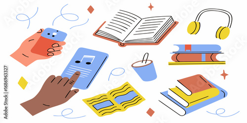 Hands interacting with technology and books enjoying audio and reading with headphones and a cup