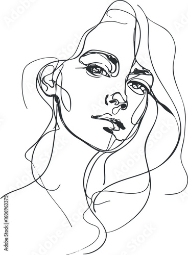 Minimalist line art drawing of a woman's face with flowing hair in abstract style