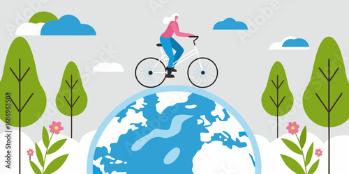 Woman riding bicycle on top of planet earth surrounded by trees and clouds