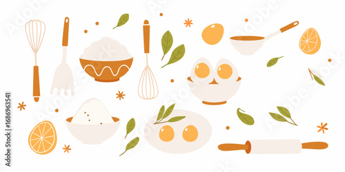Cute cartoon baking ingredients and kitchen utensils with eggs and oranges on a white background