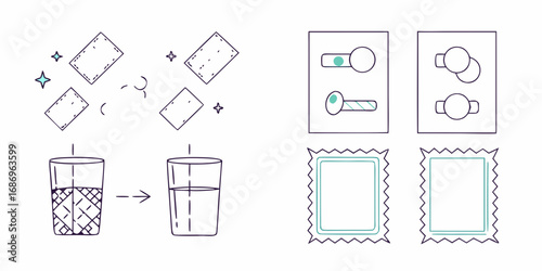 Hand drawn illustration depicting a process of dissolving tablets in water and different types of switches and frames
