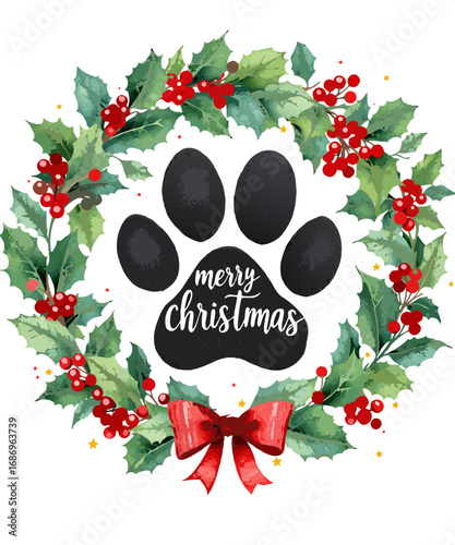 Festive holly wreath with paw print and merry christmas message isolated on transparent background