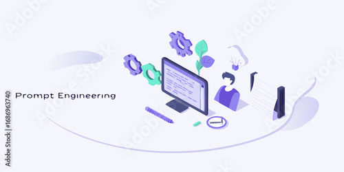 Prompt engineering concept with isometric illustration of computer code gears and a person