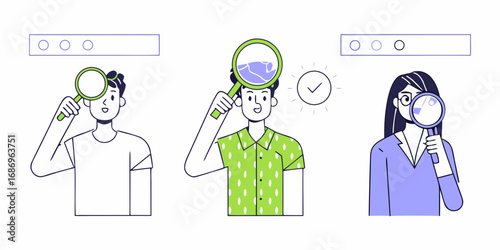 Diverse people using magnifying glasses to analyze search bars and find information with a checkmark symbol