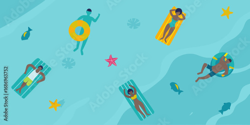 Diverse people enjoying summer relaxation and fun activities in a bright blue swimming pool