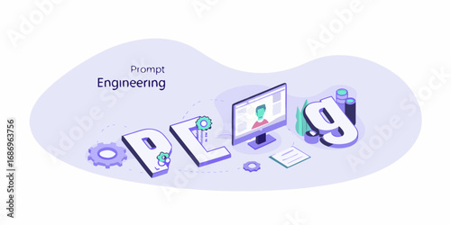 Abstract illustration of prompt engineering with large letters and technology icons