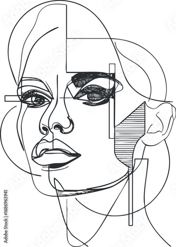 Abstract minimalist line art portrait of a woman's face with geometric and stylized features