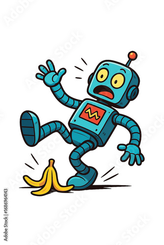Playful cartoon-style illustration of a robot slipping on a banana peel