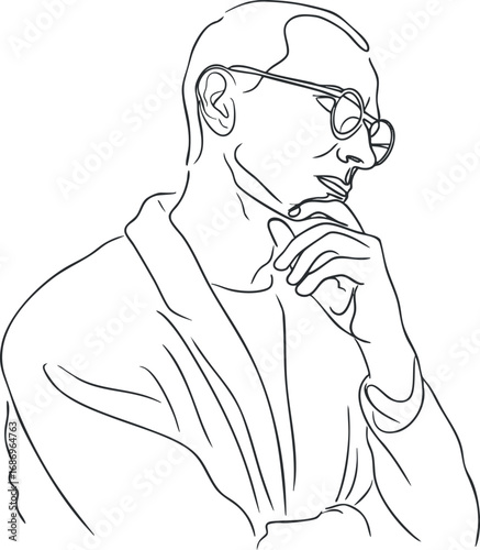 Minimalist line art drawing of a man in profile wearing glasses with a thoughtful expression and hand on chin
