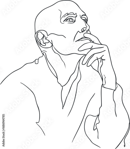 Minimalist line drawing of a man in deep thought with hand touching face and pensive expression